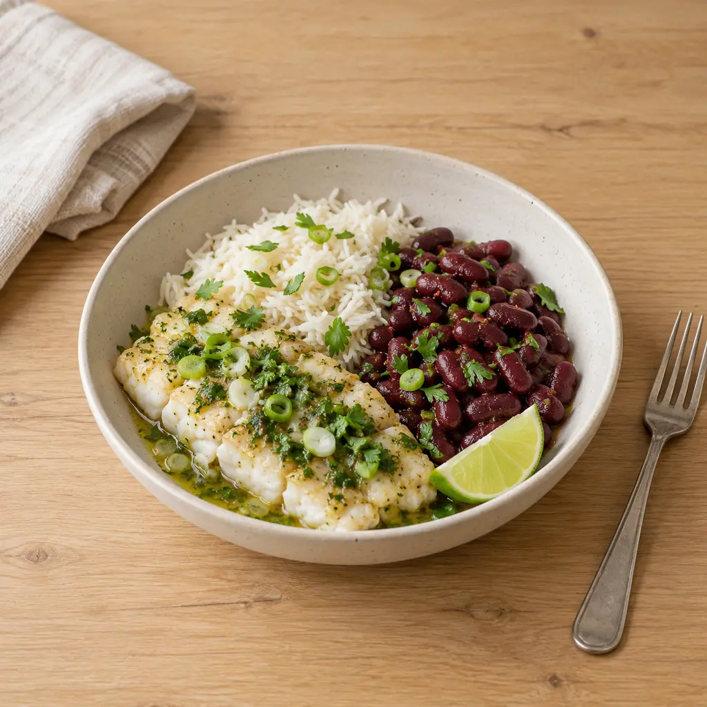 Poisson sauce chien, riz et haricots rouges